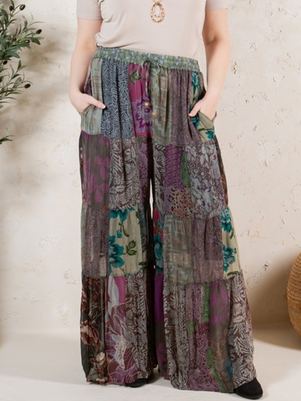 "The River" Gray Retro Revival Long Flared Patchwork Pants